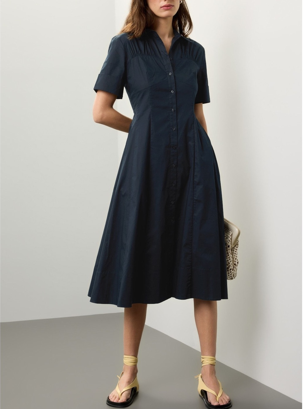 Club Monaco Cotton Poplin Midi Shirt Dress Size L Navy Blue Button-Front Pockets